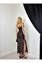 Women's Brown Lace Detailed Thin Strap Heart Neckline Slit Long Evening Dress - 4