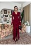 Women's Burgundy Lace V-Neck Long Sleeve Spanish Sleeve Slit Midi Dress - 4