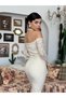 Women's Beige Long Lace Dress Boat Neck Long Sleeve Bodycon Flounce - 7
