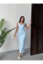Women's Blue - Blue Stone Detailed Square Neck Strap Maxi Length Fitted Evening Dress