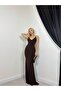 Women's Brown Long Fish Form Draped Collar Thin Strap Draped Evening Dress