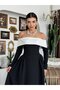 Women's Black Midi Dress Boat Neck Contrast Color Long Sleeve Shirred A-Line - 5