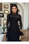 Women's Black Lace Midi Dress High Neck Long Sleeve Evening Dress with Flounce Cuffs
