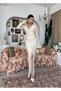 Women's Beige Lace V-Neck Long Sleeve Spanish Sleeve Slit Midi Dress - 6