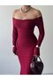 Women's Burgundy Long Lace Dress Boat Neck Long Sleeve Bodycon Flounce - 3