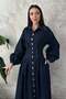 Women's Blue Maxi Denim Dress Shirt Collar Buttoned Pleated Balloon Sleeves with Pockets - 3