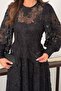 Women's Black Lace Embroidered Round Neck Balloon Sleeve Lined Maxi Dress - 4