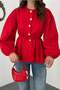 Women's Red Crew Neck Buttoned Balloon Sleeve Elastic Waist Cotton Peplum Blouse - 4