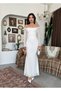 Women's White Long Lace Dress Boat Neck Long Sleeve Bodycon Flounce - 8