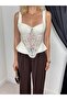 Women's Beige Bustier Blouse with Lace Detail, Lace-Up Square Collar, Corset Look - 5