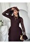 Women's Coffee Lace Midi Dress Crew Neck Long Sleeve Flounced Slim Fit