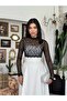 Women's White Lace Top Detailed Long Sleeve High Collar Flared Maxi Dress - 6