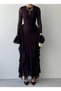 Women's Coffee Lace Midi Dress Crew Neck Long Sleeve Flounced Slim Fit - 2