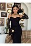 Women's Black Lace Strap Heart Neckline Waist Ruffle Fitted Midi Dress