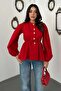 Women's Red Crew Neck Buttoned Balloon Sleeve Elastic Waist Cotton Peplum Blouse - 2