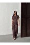 Women's Brown - Brown Blouse Pants Set Satin Textured Lace Detailed Wide Leg