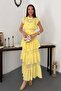 Women's Yellow Chiffon Layered Flounce Belted Buttoned Long Dress