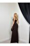 Women's Brown Long Fish Form Draped Collar Thin Strap Draped Evening Dress - 3