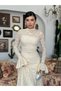 Women's Beige Lace Midi Dress High Neck Long Sleeve Evening Dress with Flounce Cuffs - 5