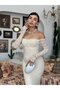 Women's Beige Long Lace Dress Boat Neck Long Sleeve Bodycon Flounce