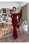 Women's Burgundy Long Lace Dress Boat Neck Long Sleeve Bodycon Flounce - 6