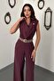 Women's Plum Jumpsuit with Collar, Sleeveless, Belted, Pockets, Wide Legs, Long - 3