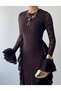 Women's Coffee Lace Midi Dress Crew Neck Long Sleeve Flounced Slim Fit - 3