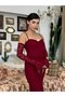 Women's Burgundy Lace Strap Heart Neckline Waist Ruffle Fitted Midi Dress - 7