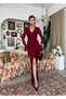 Women's Burgundy Lace V-Neck Long Sleeve Spanish Sleeve Slit Midi Dress - 6