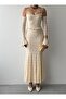 Women's Beige Lace Strap Heart Neckline Waist Ruffle Fitted Midi Dress - 2