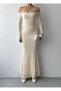 Women's Beige Long Lace Dress Boat Neck Long Sleeve Bodycon Flounce - 2