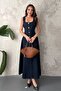 Women's Blue Sleeveless Square Neck Ornament Buttoned Lace-Up Denim Maxi Dress - 2