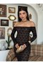 Women's Black Long Lace Dress Boat Neck Long Sleeve Bodycon Flounce - 5