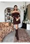 Women's Coffee Strapless Neckline Lace Sleeve Mini Fitted Event Dress - 6