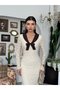Women's Beige Lace Long Dress V-Neck Bow Detail Long Sleeve
