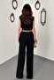 Women's Black Jumpsuit with Degaje Collar, Sleeveless, Belted, Pockets, Wide Legs, Long - 5