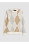 Peak New Season Ecru Crew Neck Diamond Patterned Men's Knitwear Sweater - 5