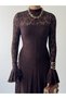 Women's Coffee Lace Midi Dress High Neck Long Sleeve Evening Dress with Flounce Cuffs - 3