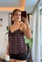 Women's V-Neck Checkered Lace Detailed Strappy Blouse Purple - 2