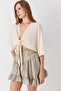 Front Tie Bat Sleeve Women's Blouse Cream - 3