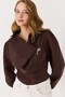 Women's Brooch Detailed Collared Viscose Transparent Blouse Brown - 4