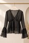 Women's Double Breasted Collar Ruffled Transparent Blouse Black
