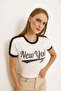 Crew Neck Stripe Detailed Women's Crop Tshirt White - 2