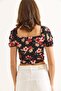 Patterned Princess Sleeve Front Gathered Blouse Black - 6