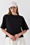 Women's Crew Neck Two Thread Crop Blouse Black - 2