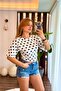 Women's Crew Neck Lycra Polka Dot Patterned Short Sleeve Blouse Navy Blue
