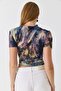 Women's Draped Digital Print Colorful Tshirt Green - 5