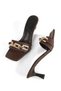 Bitter Brown Satin Look Blunt Toe Gold Color Chain Buckle Short Heeled Evening Dress Slippers - 2