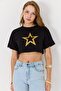Women's Crew Neck Star Printed Crop Blouse Black