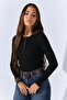Women's Black Crew Neck Long Sleeve Camisole Bodysuit with Snap Detail
